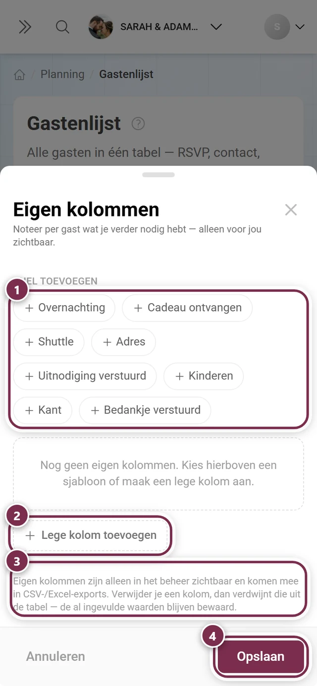 Dialoog Eigen kolommen met gemarkeerd sjablonenraster, Lege kolom toevoegen, de admin-melding en Opslaan