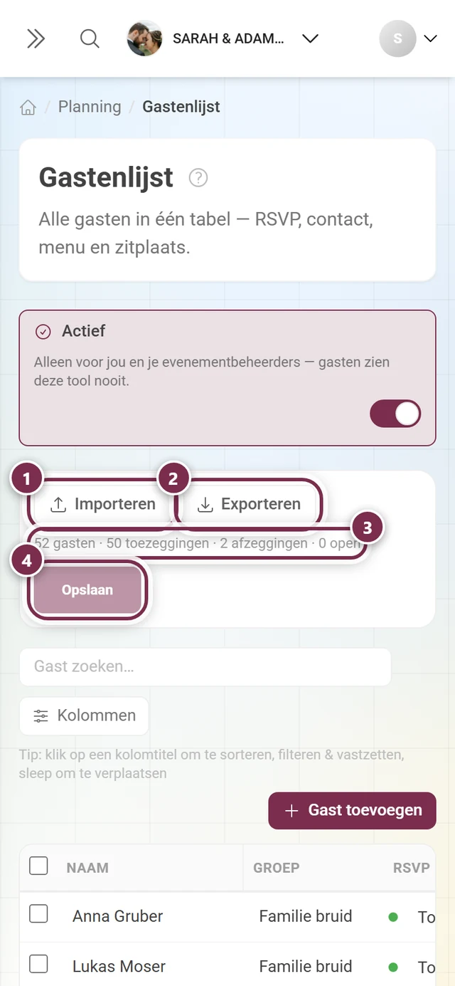 Actiebalk van de gastenlijst met gemarkeerd Importeren, Exporteren, de telregel en de knop Opslaan