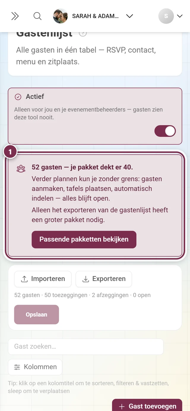 Gastenlijst met gemarkeerd contingentvak boven de actiebalk