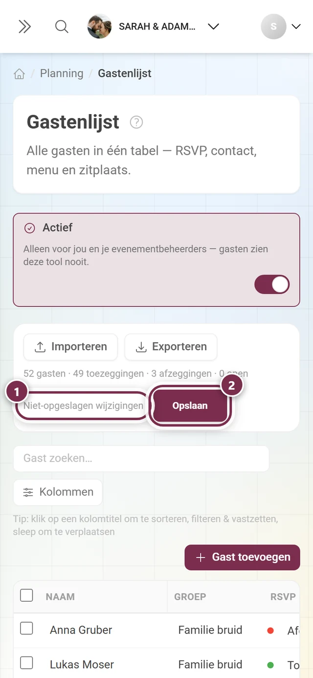 Actiebalk van de gastenlijst met gemarkeerde melding Niet-opgeslagen wijzigingen en actieve knop Opslaan