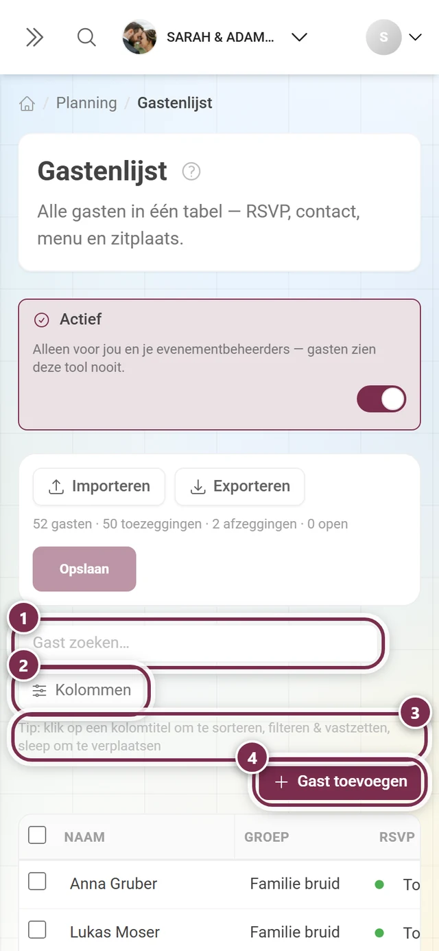 Balk boven de tabel met gemarkeerd zoekveld, kolommenknop, bedieningstip en gast toevoegen
