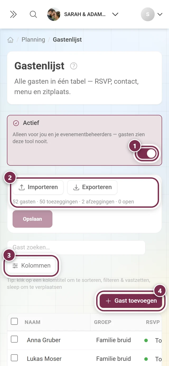 Gastenlijst met gemarkeerde Actief-schakelaar, Importeren en Exporteren, knop Kolommen en Gast toevoegen