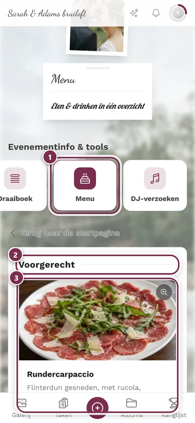 Menupagina met gangen en gerechten