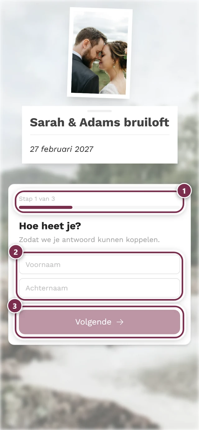 Het RSVP-formulier vanuit gastperspectief met stapindicator en naamveld