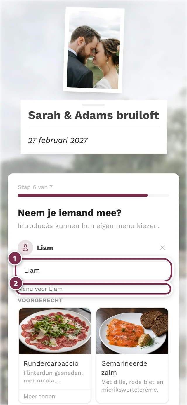 Introducé-stap met het naamveld van de introducé en de kop Menu voor Jonas