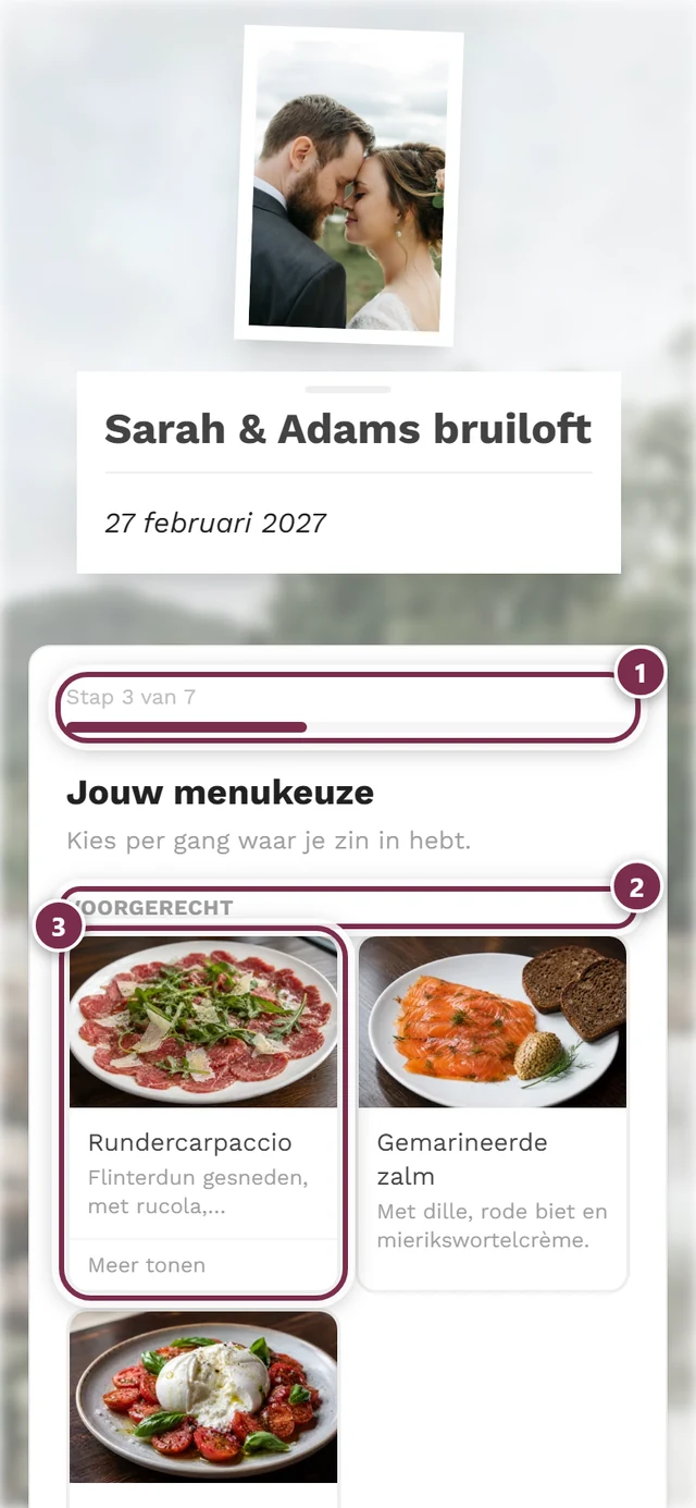 Menu-stap van de antwoordassistent met de voorgerechten om uit te kiezen