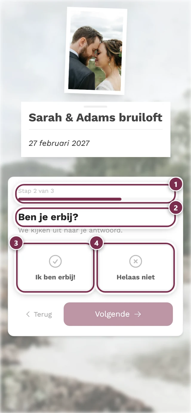 Tweede stap van de assistent met de kaarten Ik ben erbij en Helaas niet