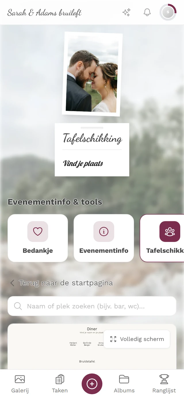Pagina Tafelschikking met het zoekveld boven het plan
