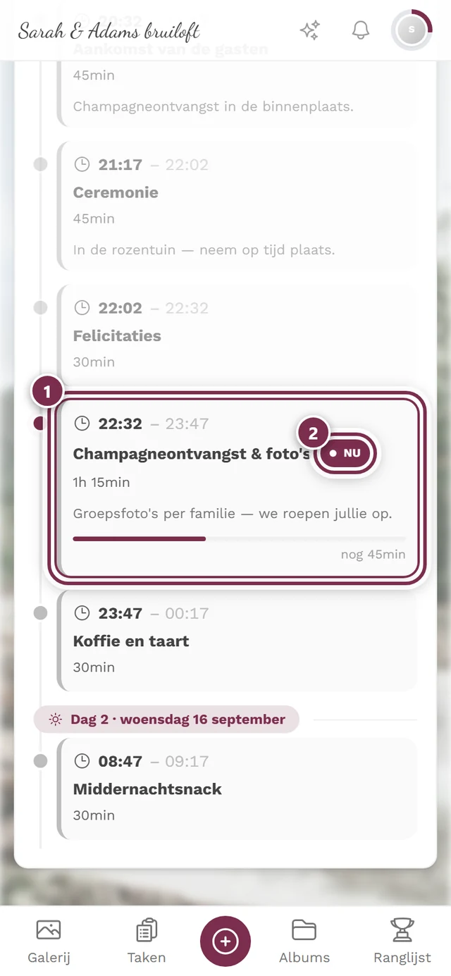 Draaiboek tijdens het event met het gemarkeerde lopende programmaonderdeel en de aanduiding Nu