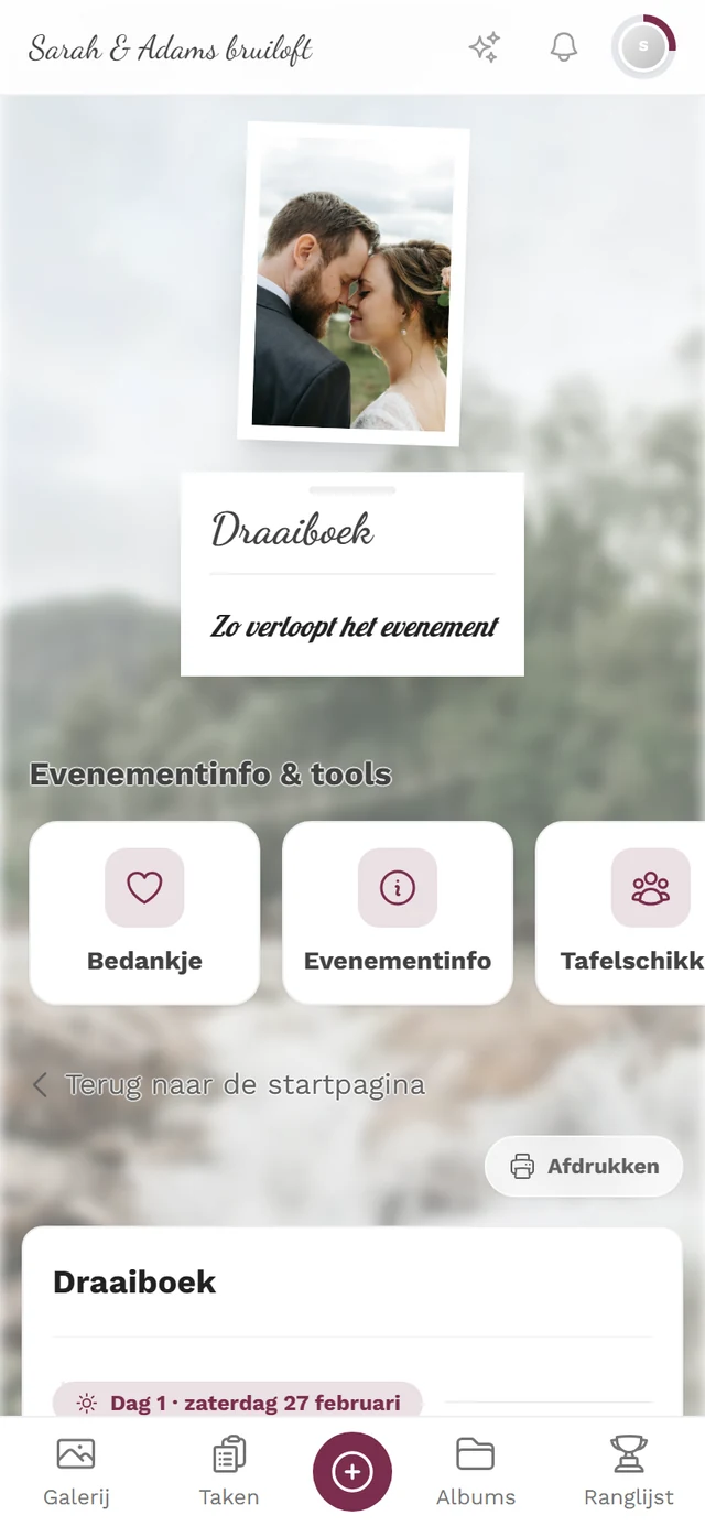 Pagina Draaiboek met de programmaonderdelen van het event en de knop Afdrukken