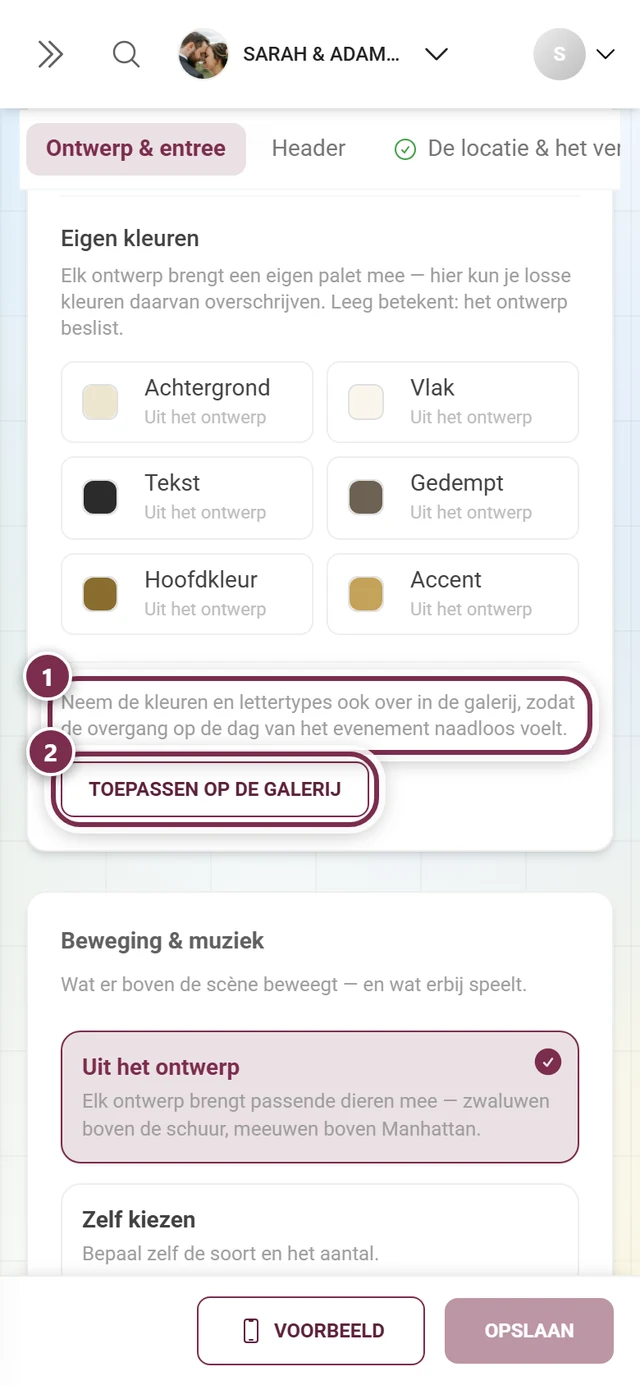 Toepassen op de galerij met genummerde ringen om melding en knop, daarboven de zes kleurrollen