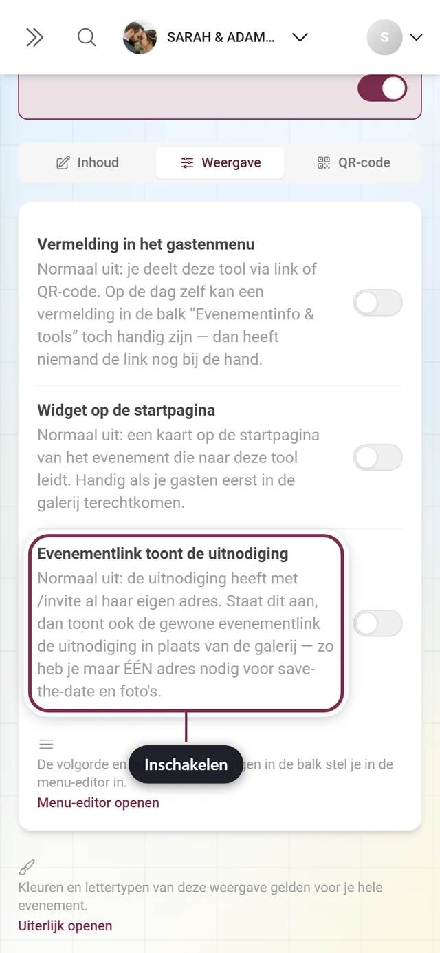 Tabblad Weergave van de uitnodiging met gemarkeerde evenementlink-schakelaar