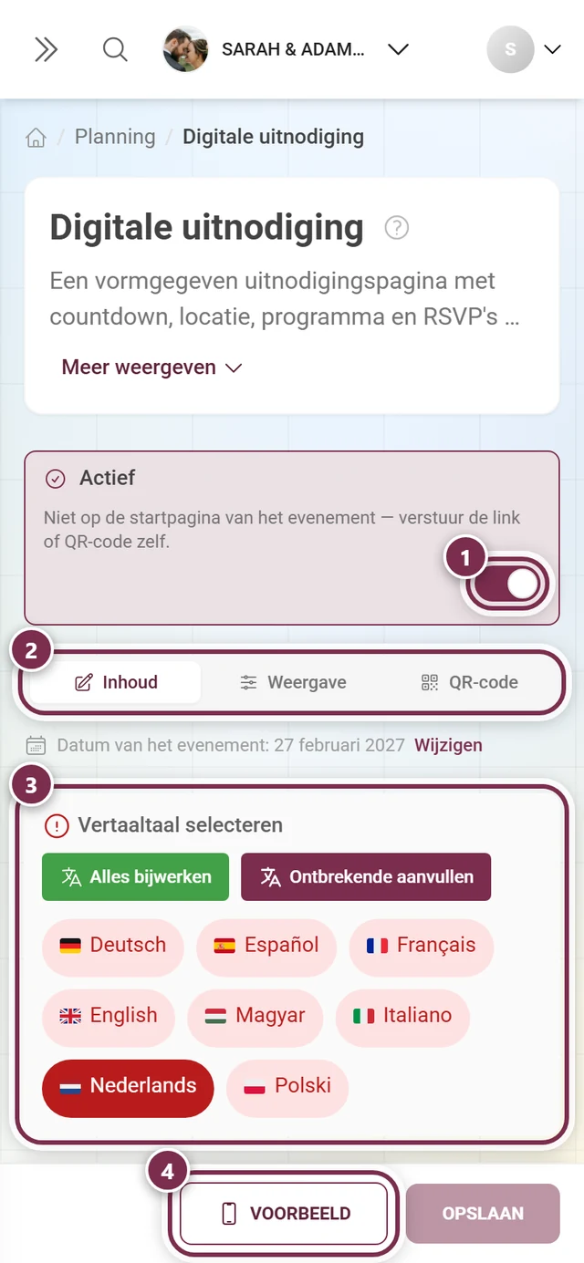 Editor van de digitale uitnodiging met gemarkeerde hoofdschakelaar, tabbladen, taalblok en voorbeeldknop