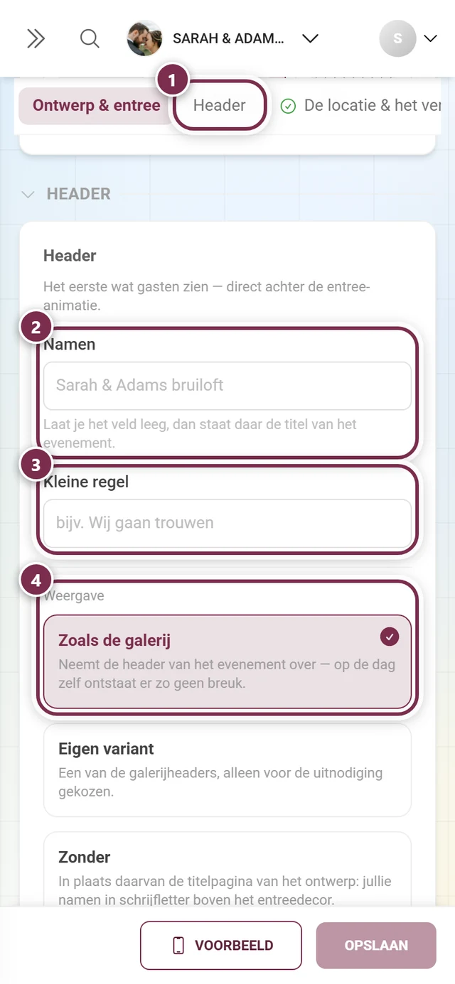 Sectie Header met genummerde ringen om het spronganker, Namen, Kleine regel en de weergave
