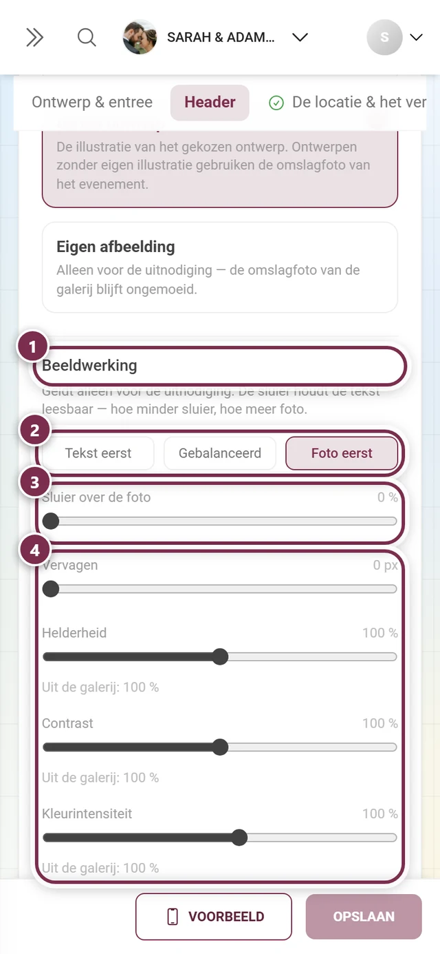Beeldwerking met genummerde ringen om de kop, de drie voorinstellingen, de sluierregelaar en de vier overige regelaars