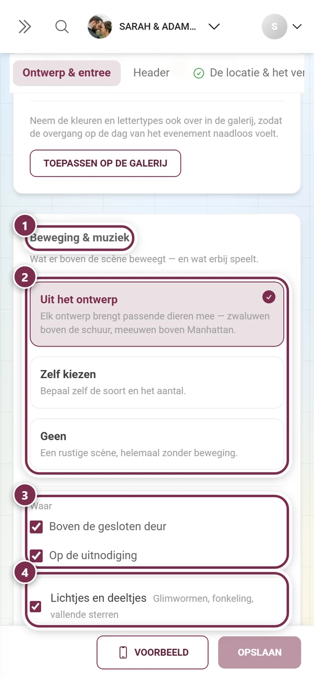 Sectie Beweging & muziek met genummerde ringen om de kop, de drie kaarten, de Waar-vinkjes en Lichtjes en deeltjes