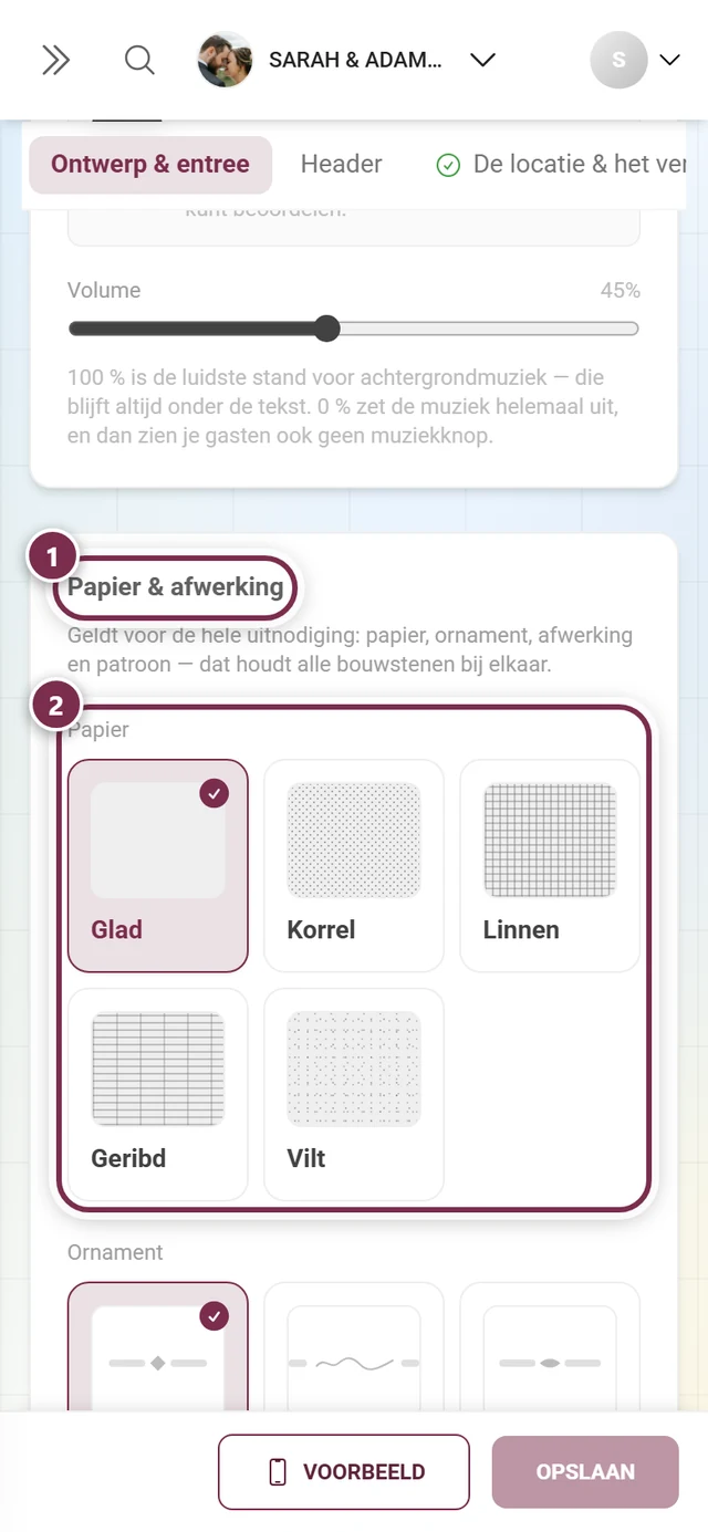 Sectie Papier & afwerking met genummerde ringen om de kop en de papierkeuze
