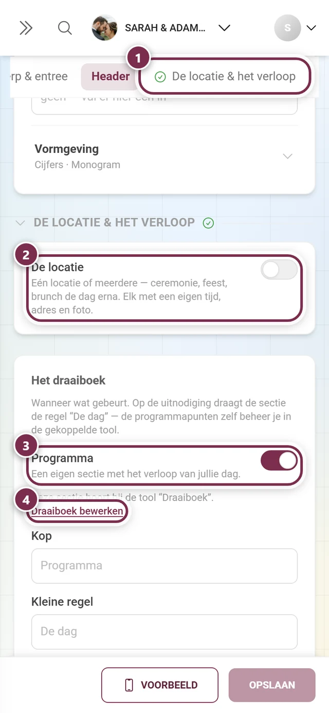 Sectie De locatie & het verloop met genummerde ringen om het spronganker, beide schakelaars en Draaiboek bewerken