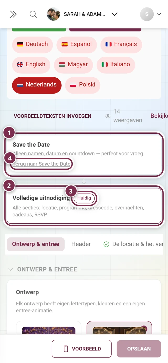 De twee kaarten Save the Date en Volledige uitnodiging met genummerde ringen