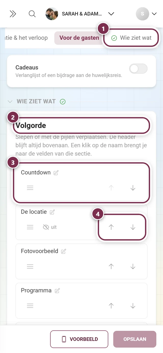 Sectie Wie ziet wat met genummerde ringen om het spronganker, de kop Volgorde, de regel Countdown en de pijlen van de regel De locatie
