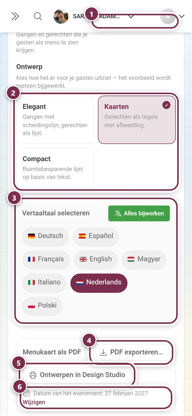 Kop van het tabblad Inhoud met teller, de drie ontwerptegels, de taalkeuze en de exportknoppen