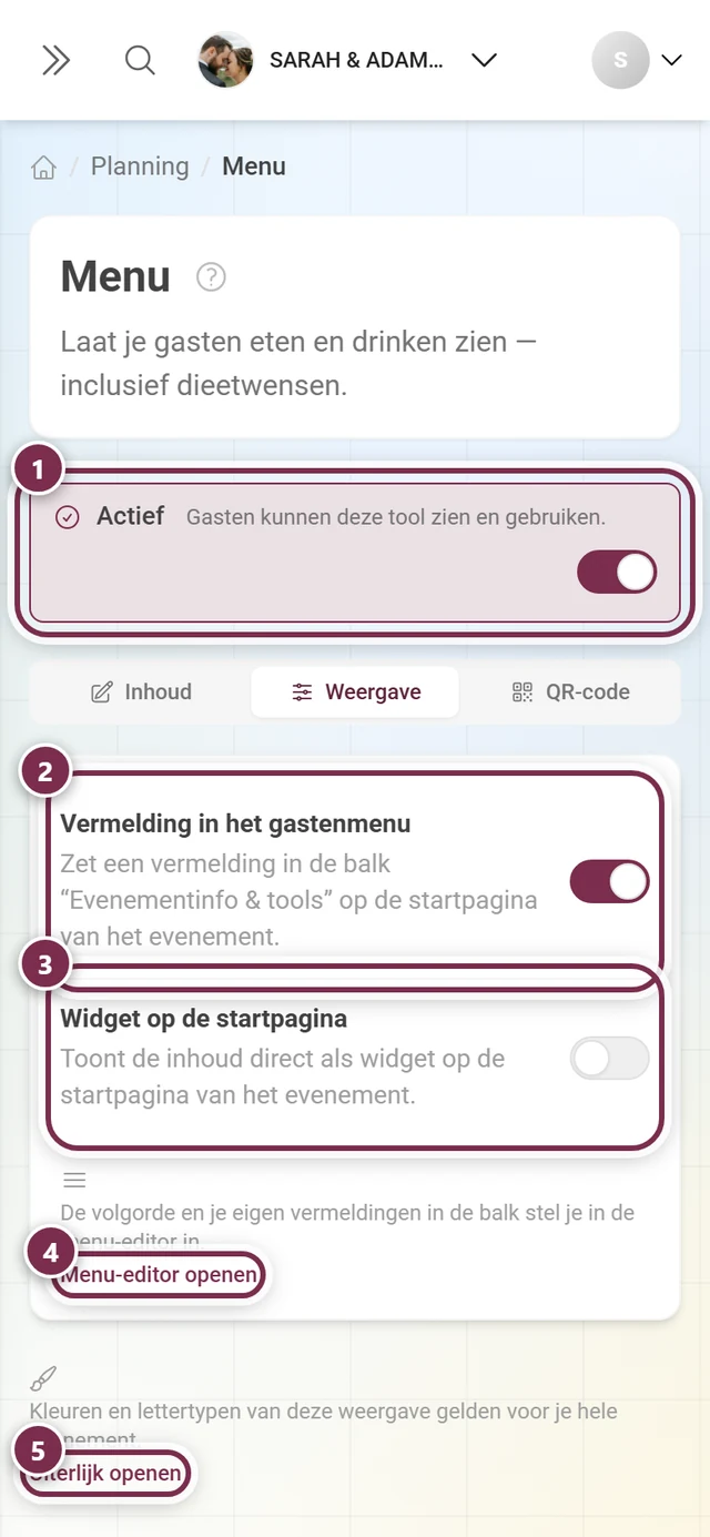 Tabblad Weergave van de menu-tool met de schakelaar Actief, Vermelding in het gastenmenu en Widget op de startpagina