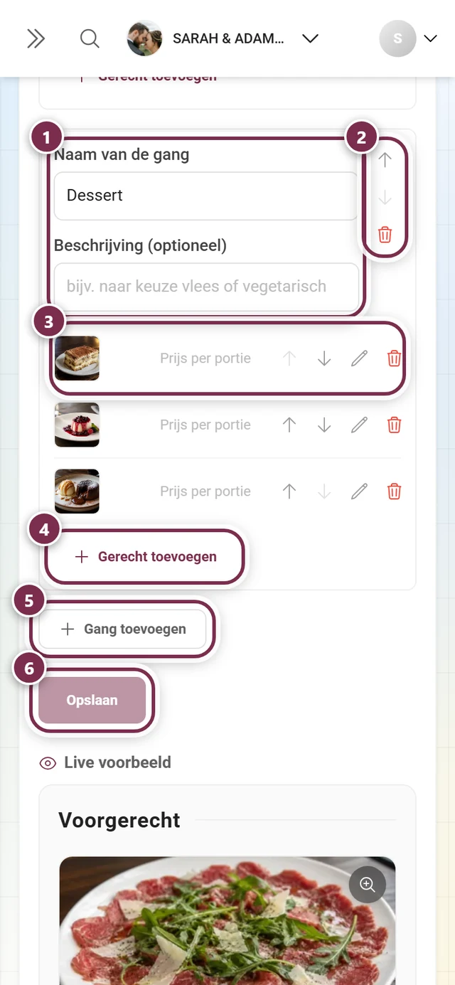 Menu-editor met de gang Dessert en de gerechten Tiramisu, Panna cotta en Chocoladetaart