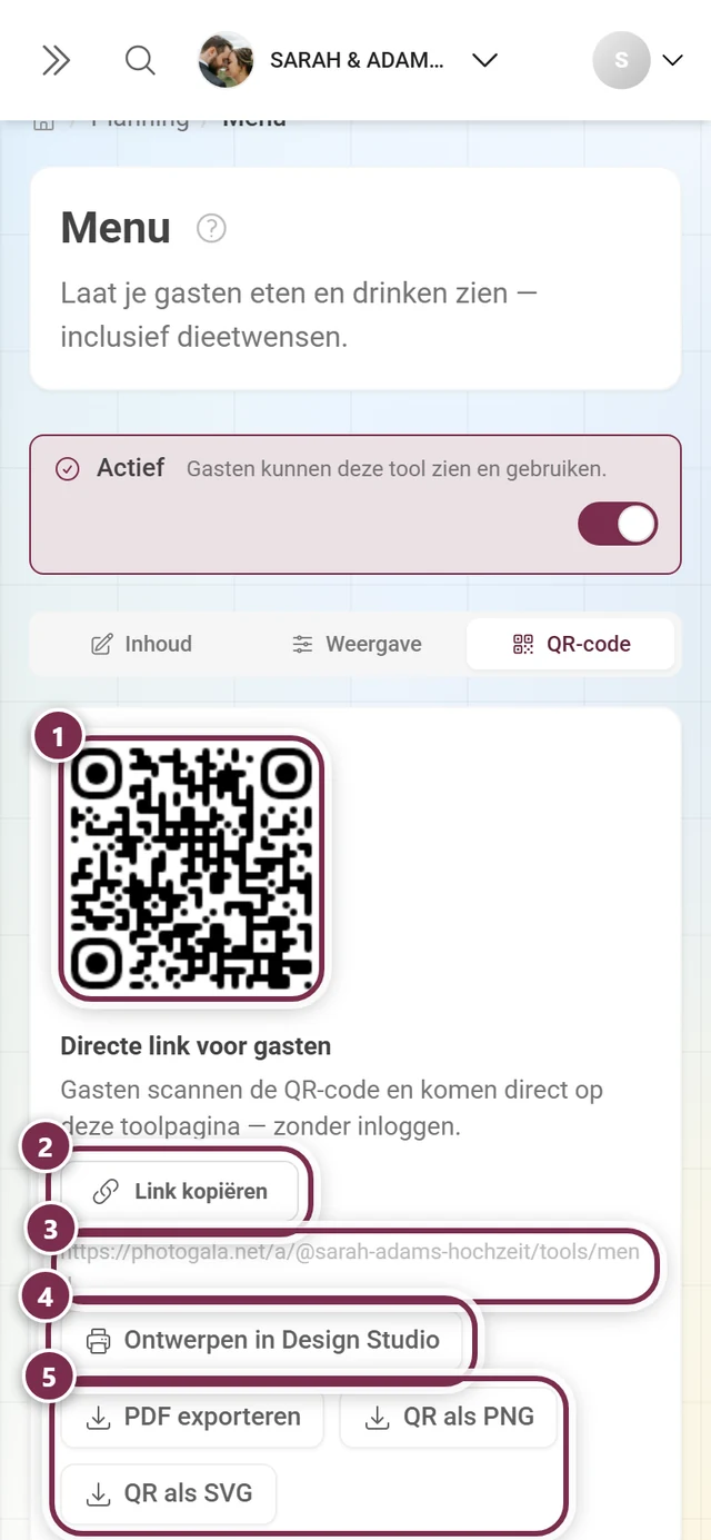 Tabblad QR-code van de menu-tool met QR-code, directe link en de knoppen Link kopiëren, Ontwerpen in Design Studio, PDF exporteren, QR als PNG en QR als SVG