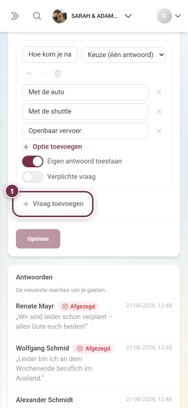 De knop Vraag toevoegen onder de bestaande vragen
