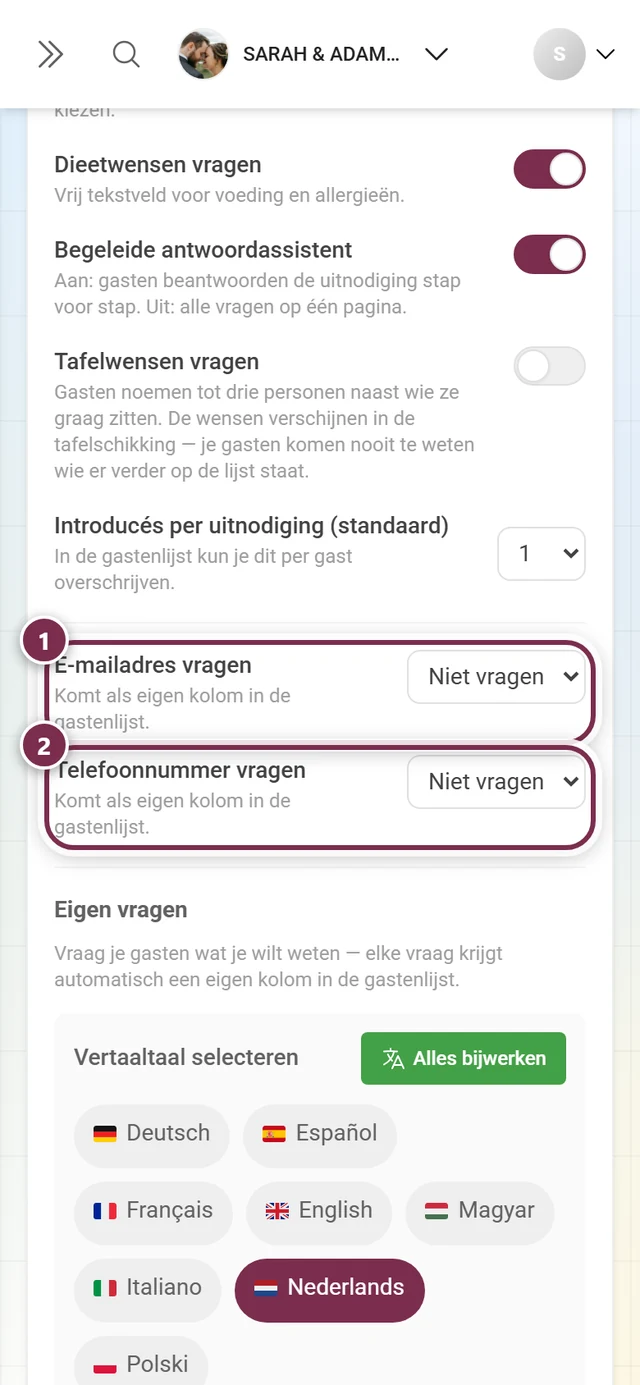 De twee contactvragen voor e-mailadres en telefoonnummer