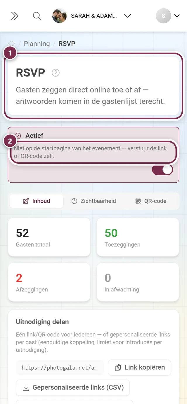Kopregel van de RSVP-editor met titel en de actief-balk
