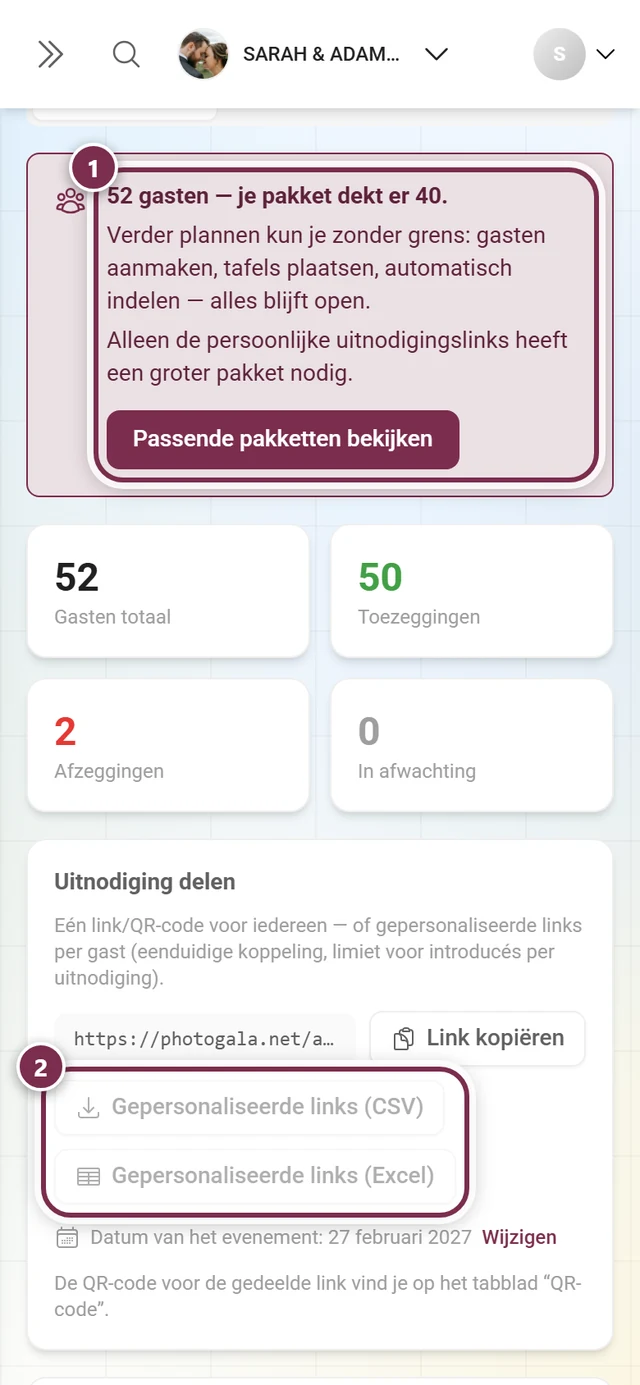 Limietvak boven de editor en de grijze knoppen voor de gepersonaliseerde links