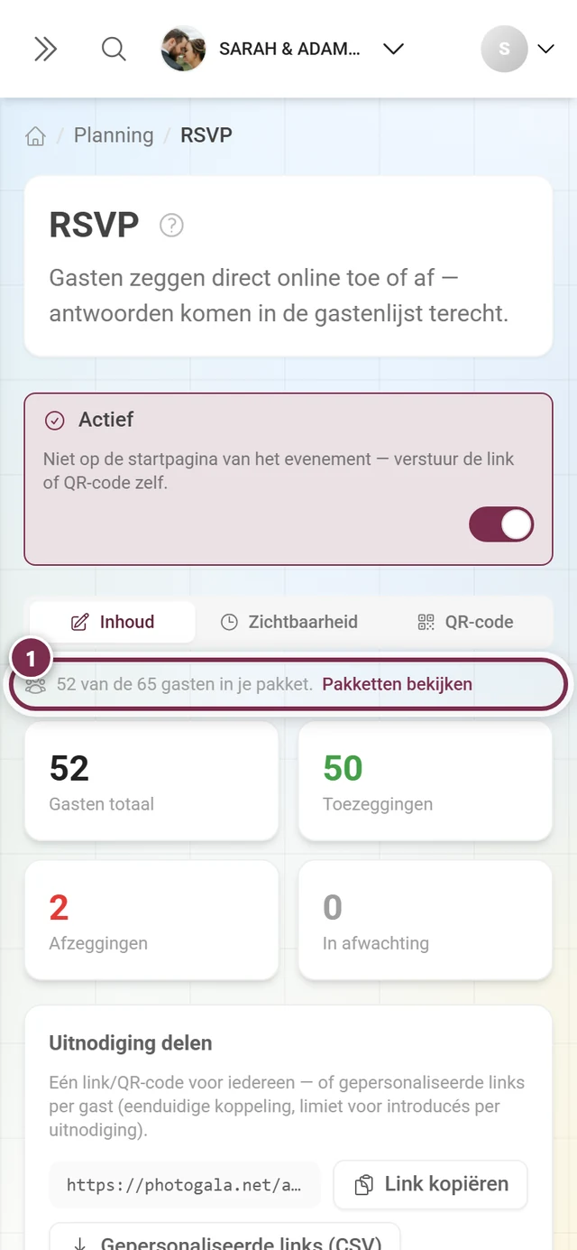 Smalle meldingsregel boven de kerncijfers: 52 van de 65 gasten in je pakket