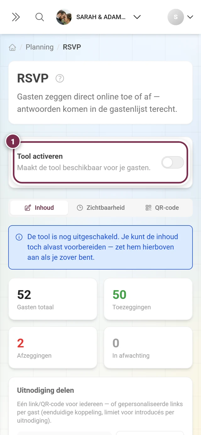 De kaart Tool activeren in uitgeschakelde staat met de blauwe melding eronder