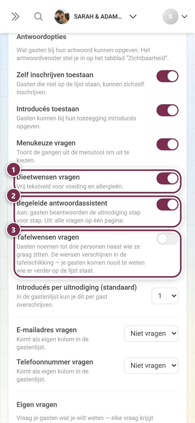 De volgende drie antwoordopties: dieetwensen, antwoordassistent en tafelwensen