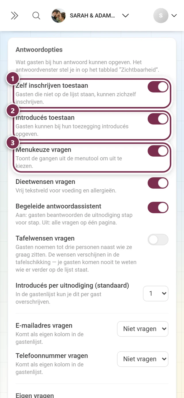 De eerste drie antwoordopties: zelf inschrijven, introducés en menukeuze
