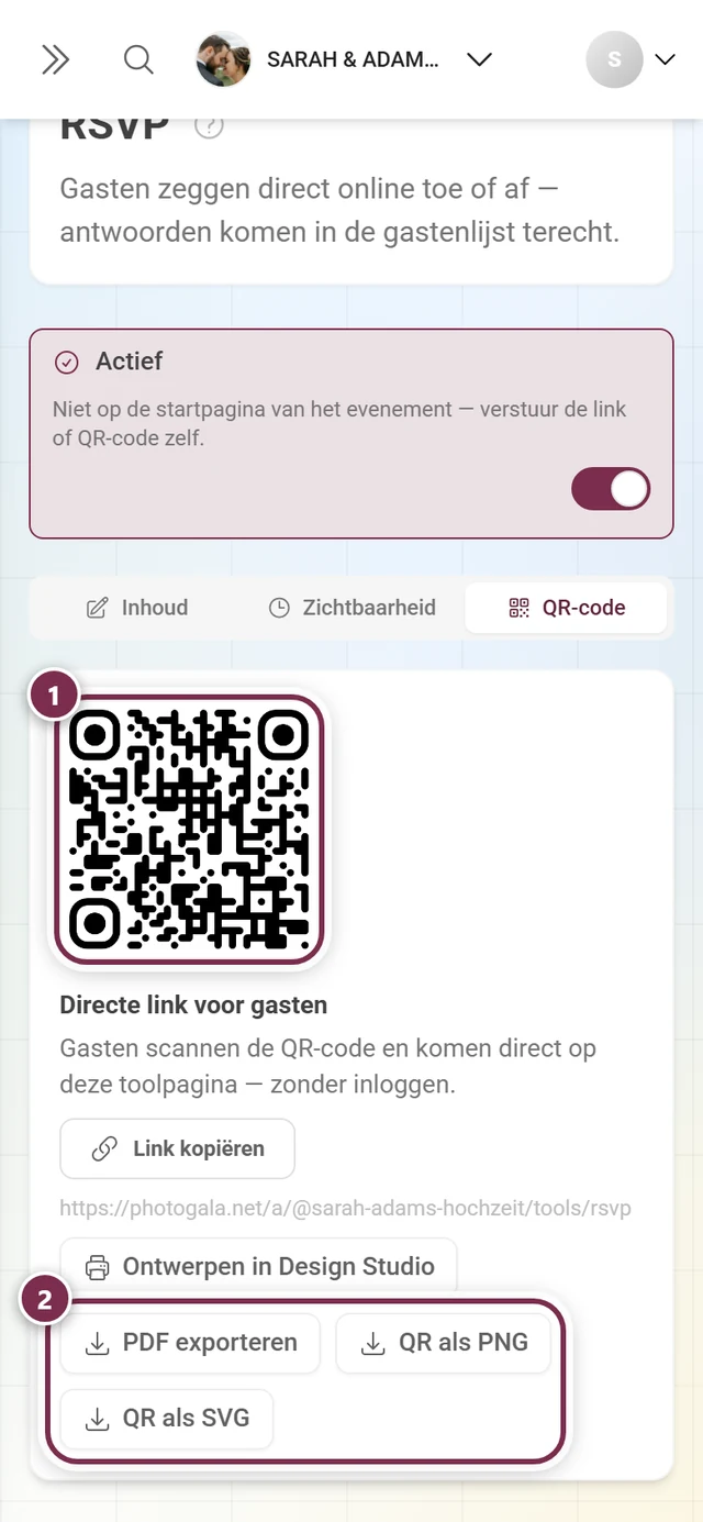 Tabblad QR-code met de code, de directe link en de drie bestandsknoppen