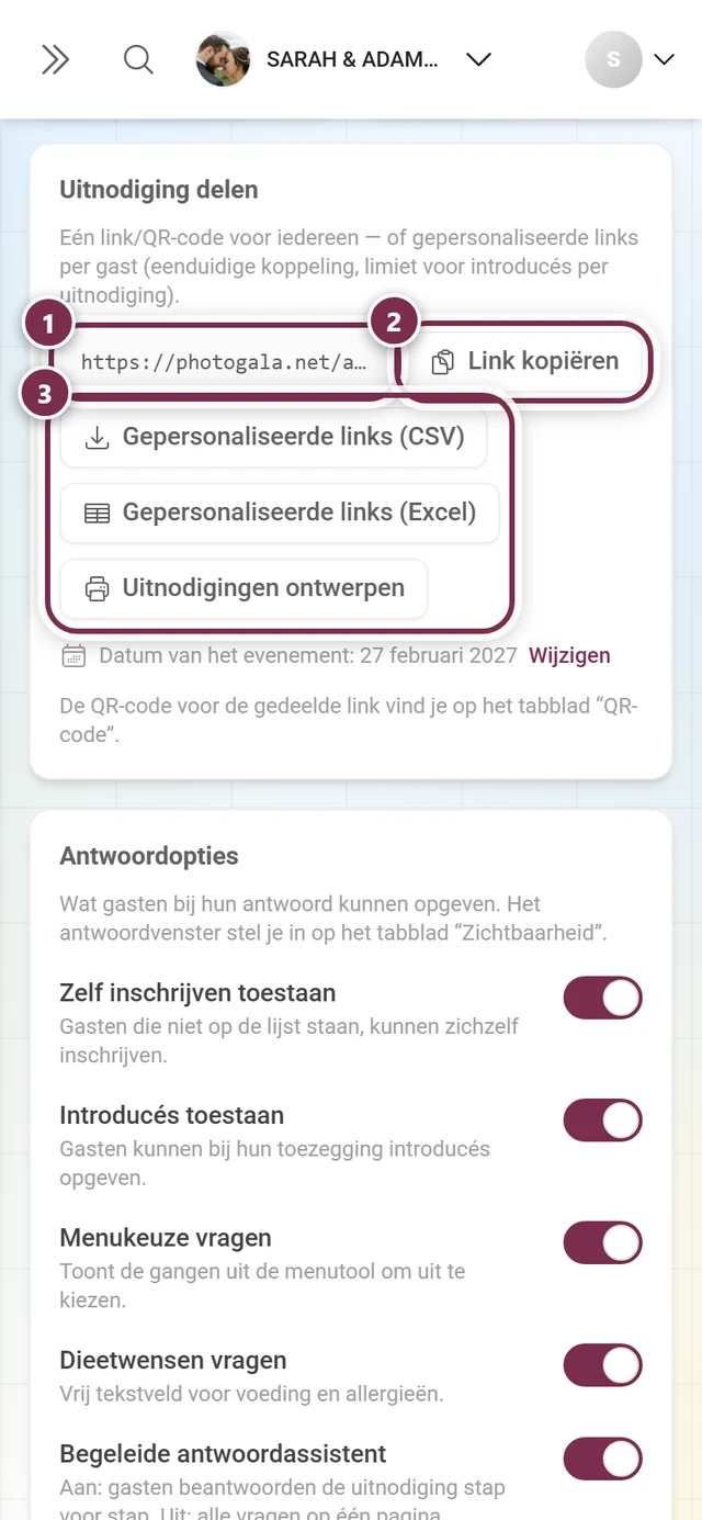 Onderdeel Uitnodiging delen met adres, Link kopiëren en de drie verstuur-knoppen