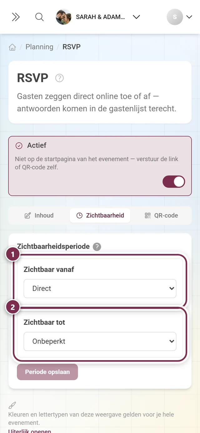 Tabblad Zichtbaarheid met Zichtbaar vanaf en Zichtbaar tot
