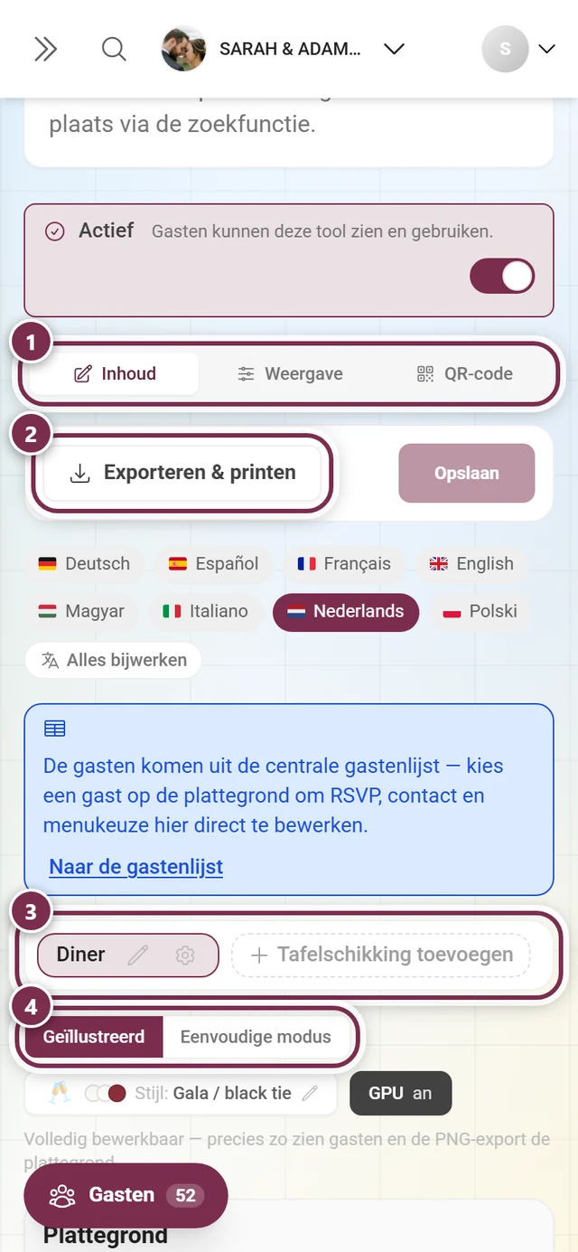 Editor van de tafelschikking met de blauwe melding over de centrale gastenlijst en de plannenkiezer
