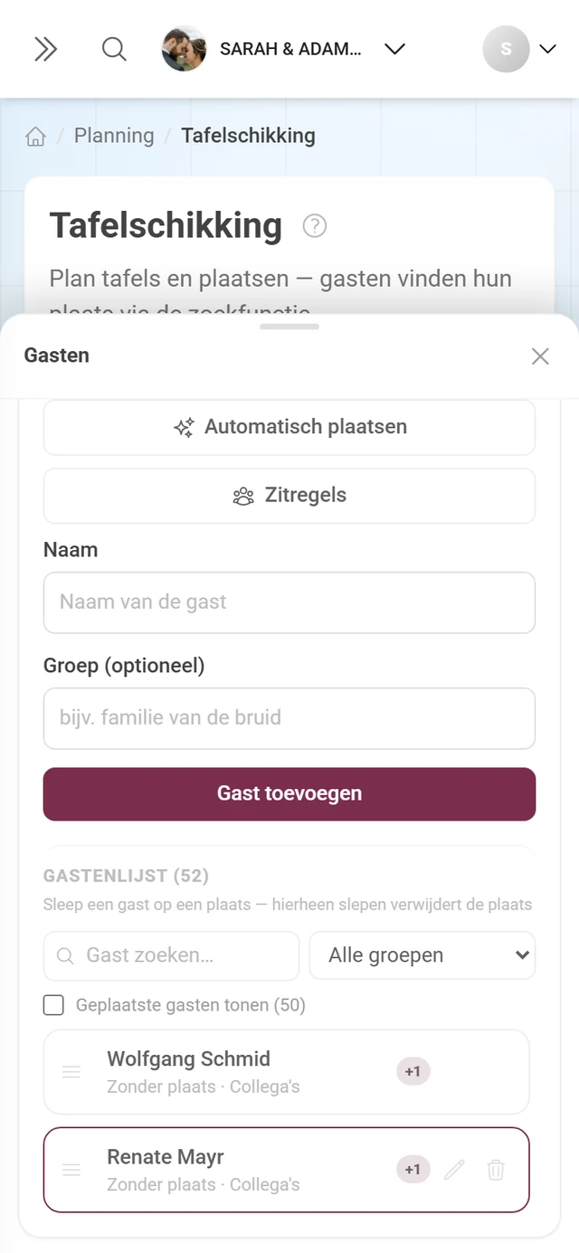 Gastenpaneel naast de plattegrond met zoeken, voortgang en de knoppen Automatisch plaatsen en Plaatsregels