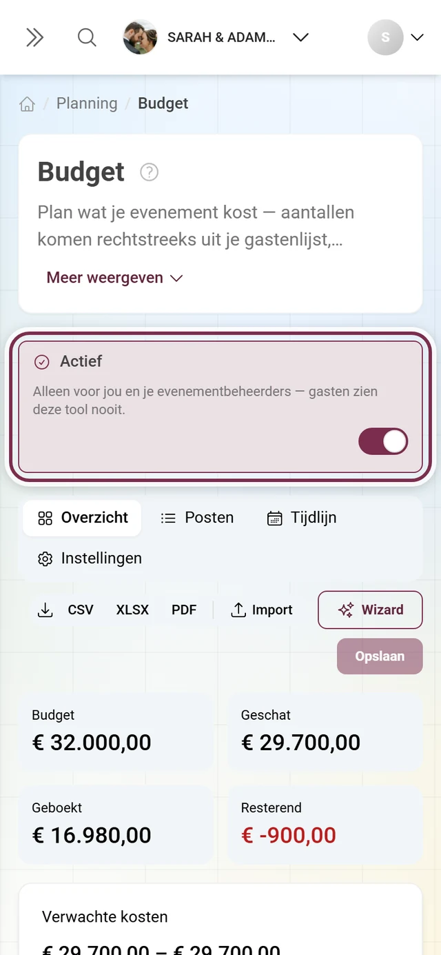 Budget-editor met de toelichtingsregel voor pure beheertools