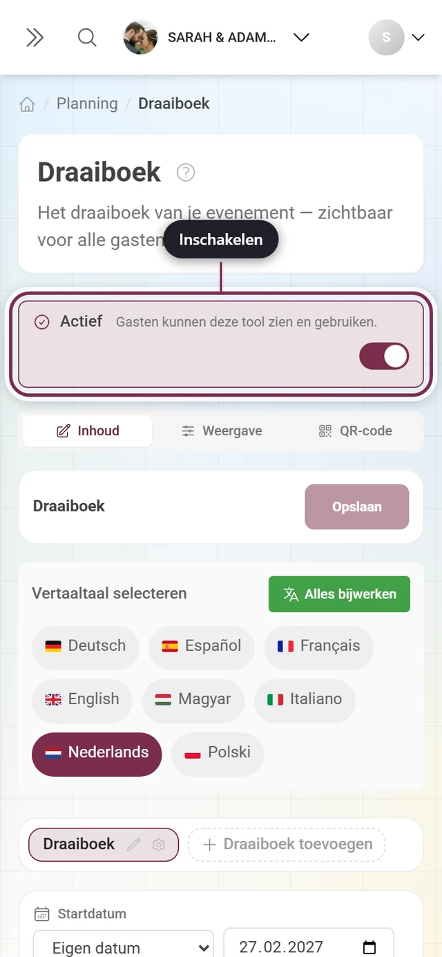 Tool-editor met gemarkeerde actieve balk boven de tabbladen