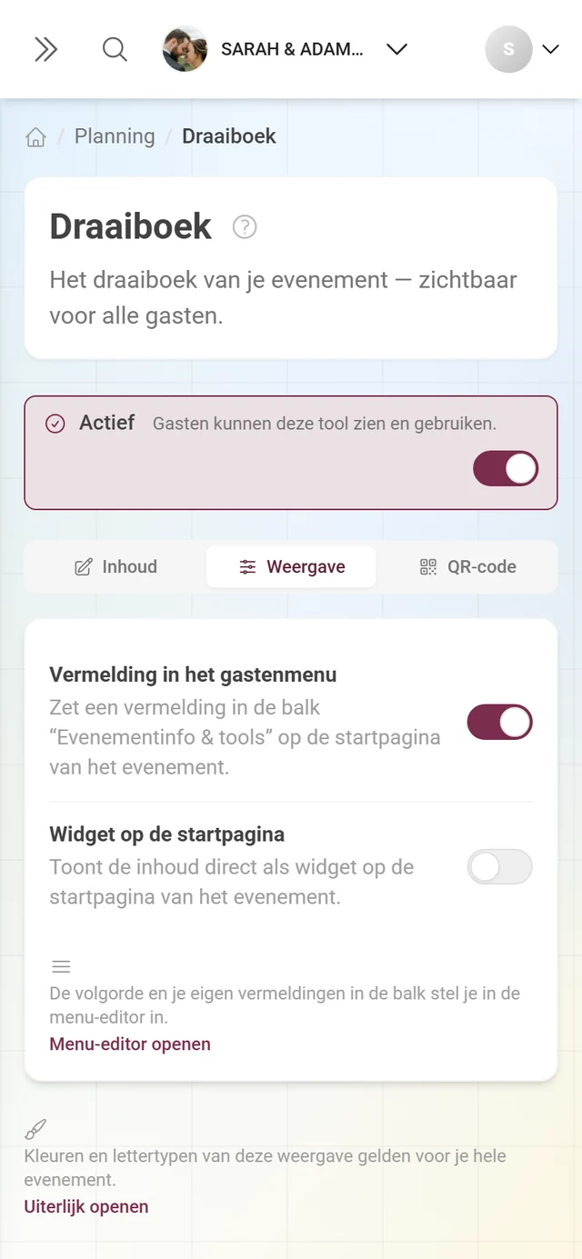 Tabblad Weergave met de schakelaars voor widget en gastenmenu
