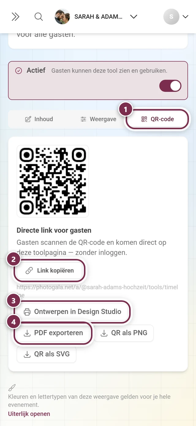 Tabblad QR-code met genummerde ringen om het tabblad, Link kopiëren, Ontwerpen in Design Studio en PDF exporteren