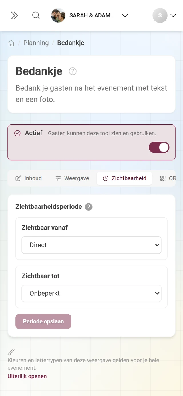 Tabblad Zichtbaarheid met de modi voor start- en eindtijdstip