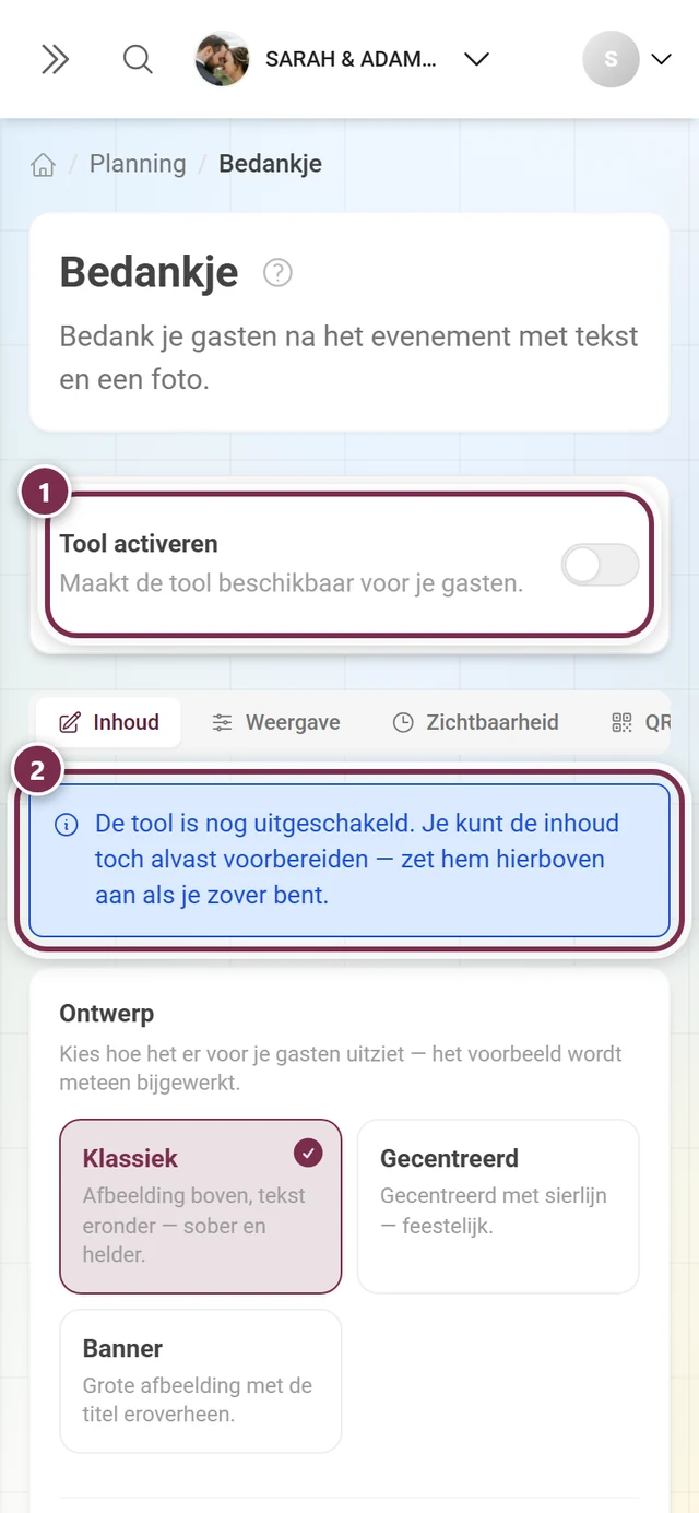 Bedankje met uitgeschakelde tool en blauwe melding over de conceptmodus