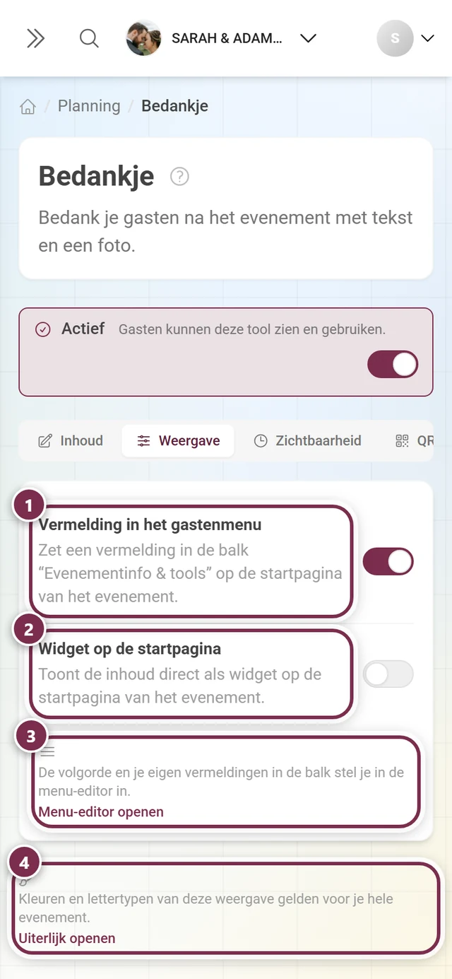 Tabblad Weergave met de schakelaars voor gastenmenu en widget op de startpagina plus twee kruislinks