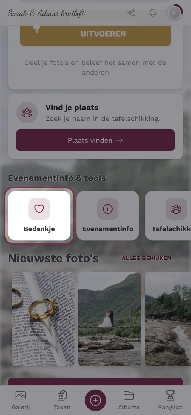 Tegel Bedankje in de balk Evenementinfo en tools van de gastweergave