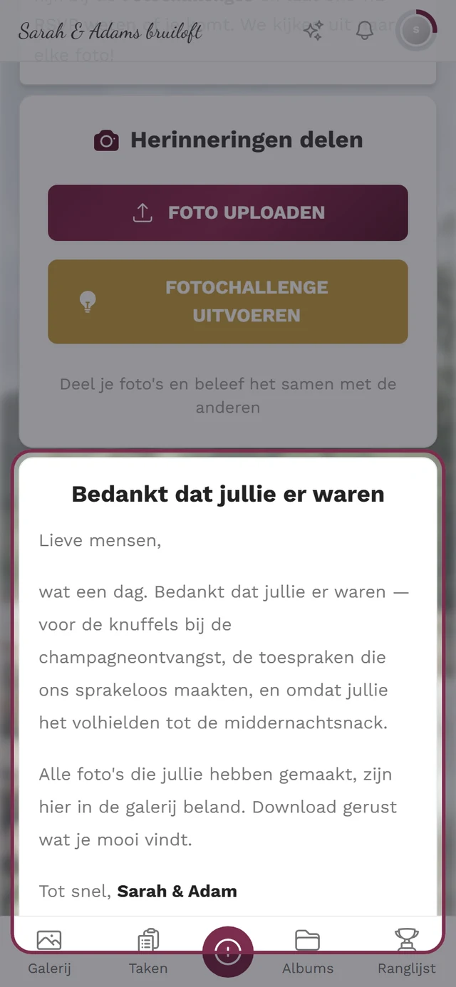 Bedankje als widget op de startpagina van het event in de gastweergave